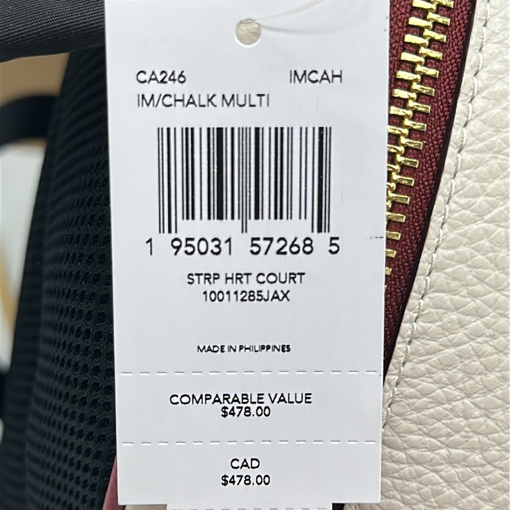 Coach Court Stripe Heart Motif Pebble Leather Chalk White Backpack - Picture 15 of 16